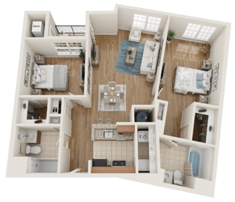 Floor plan for 2 beds, 2 baths, 1103 sqft